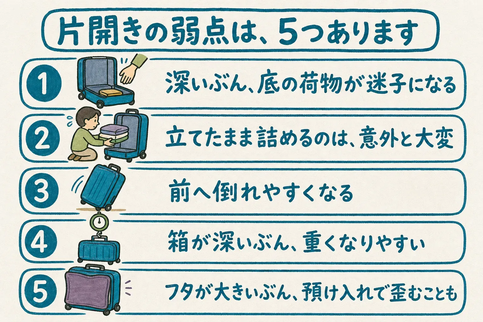 片開きの弱点5つ。深いぶん底の荷物が迷子になる、立てたまま詰めるのは意外と大変、前へ倒れやすい、箱が深いぶん重くなりやすい、フタが大きいぶん預け入れで歪むことも