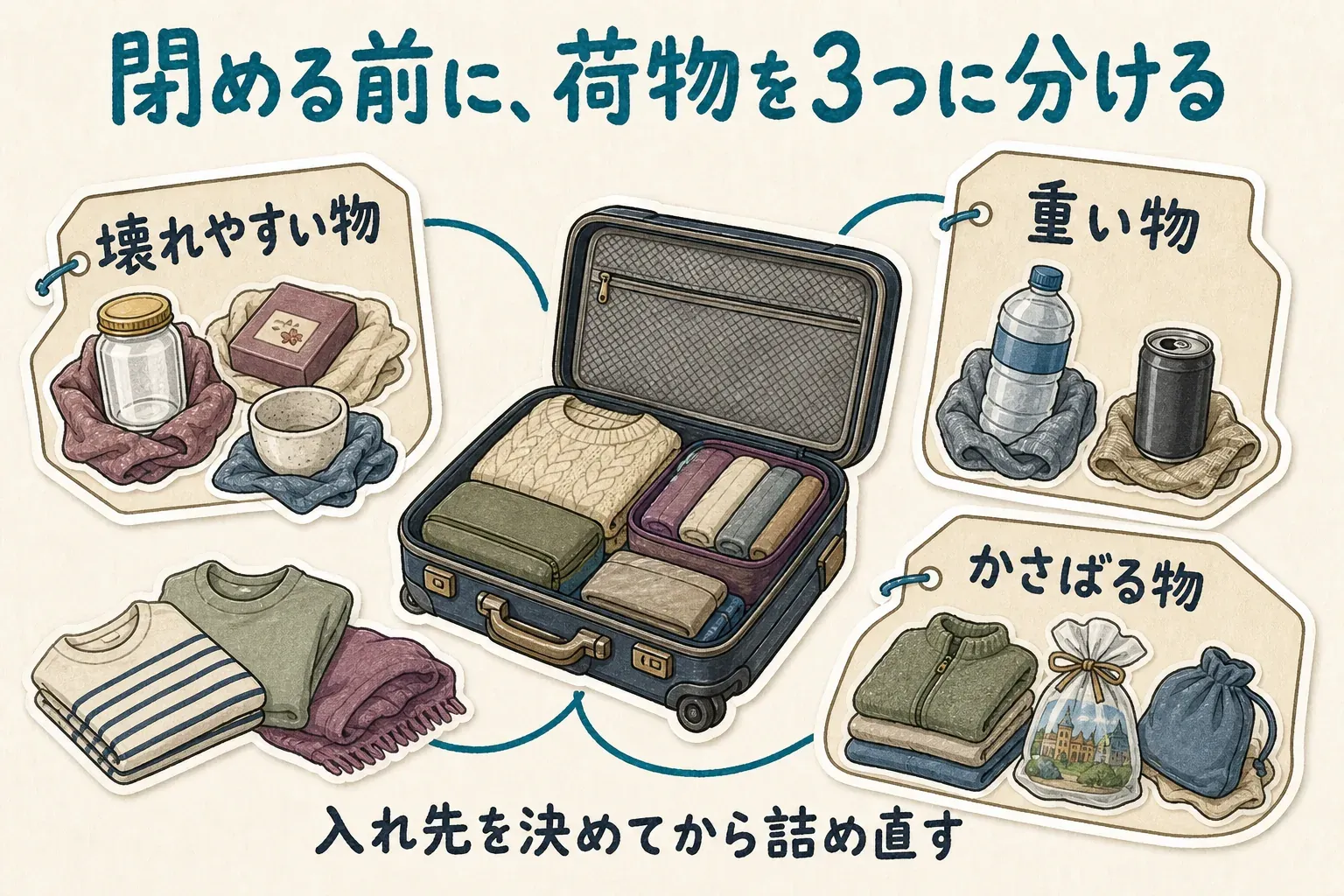 スーツケースが閉まらないとき、荷物を壊れやすい物・重い物・かさばる物の3種類に分け、壊れ物は個別に包み、重い物は重量規定を確認し、かさばる物はすき間を埋めるか別バッグへ移す判断を示す図
