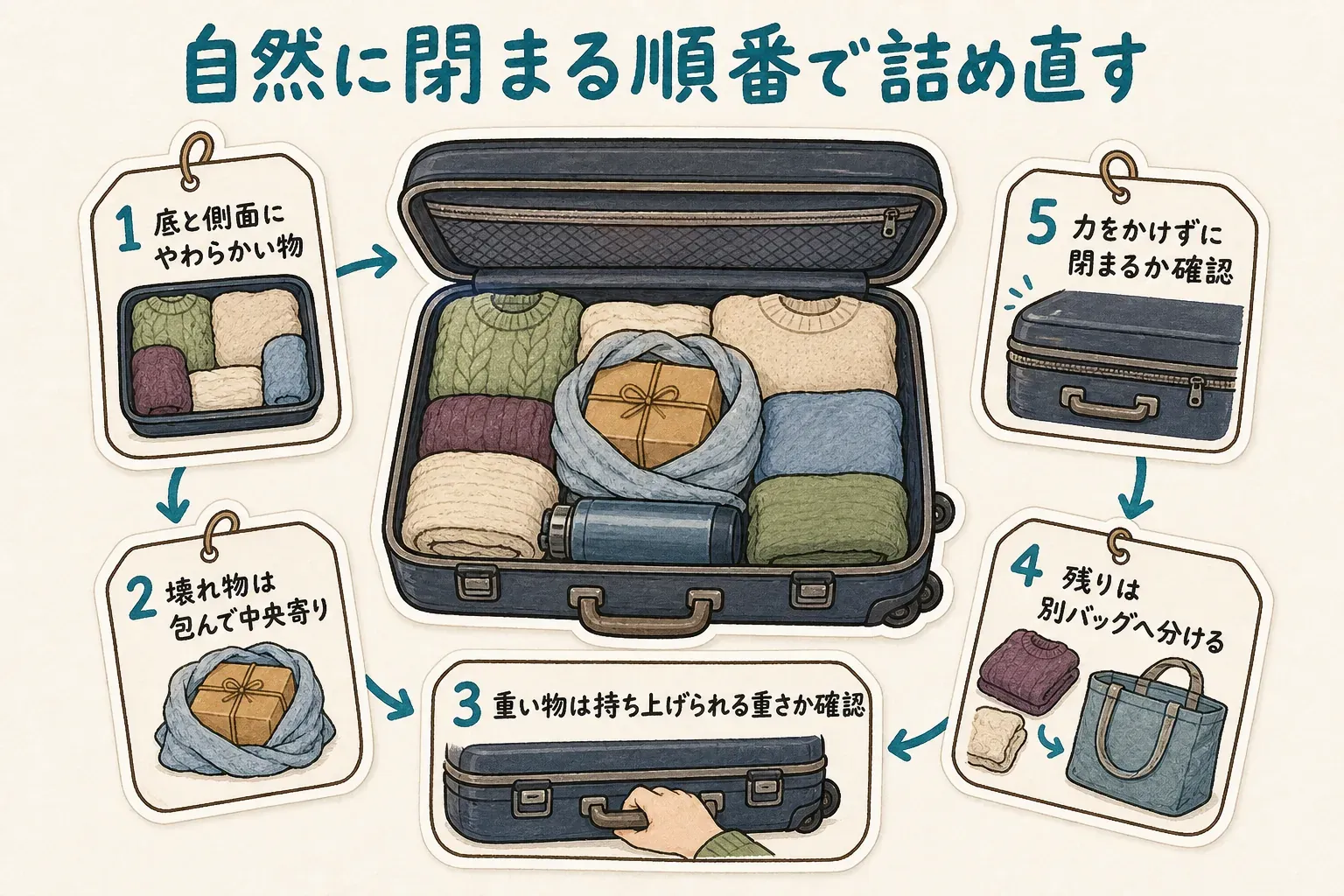 スーツケースを詰め直す順番として、底と側面に衣類などのやわらかい物を置き、包んだ壊れ物、重い物を確認して入れ、残ったかさばる物を別バッグへ分け、力をかけずにファスナーが閉じるか確かめる流れを示す図