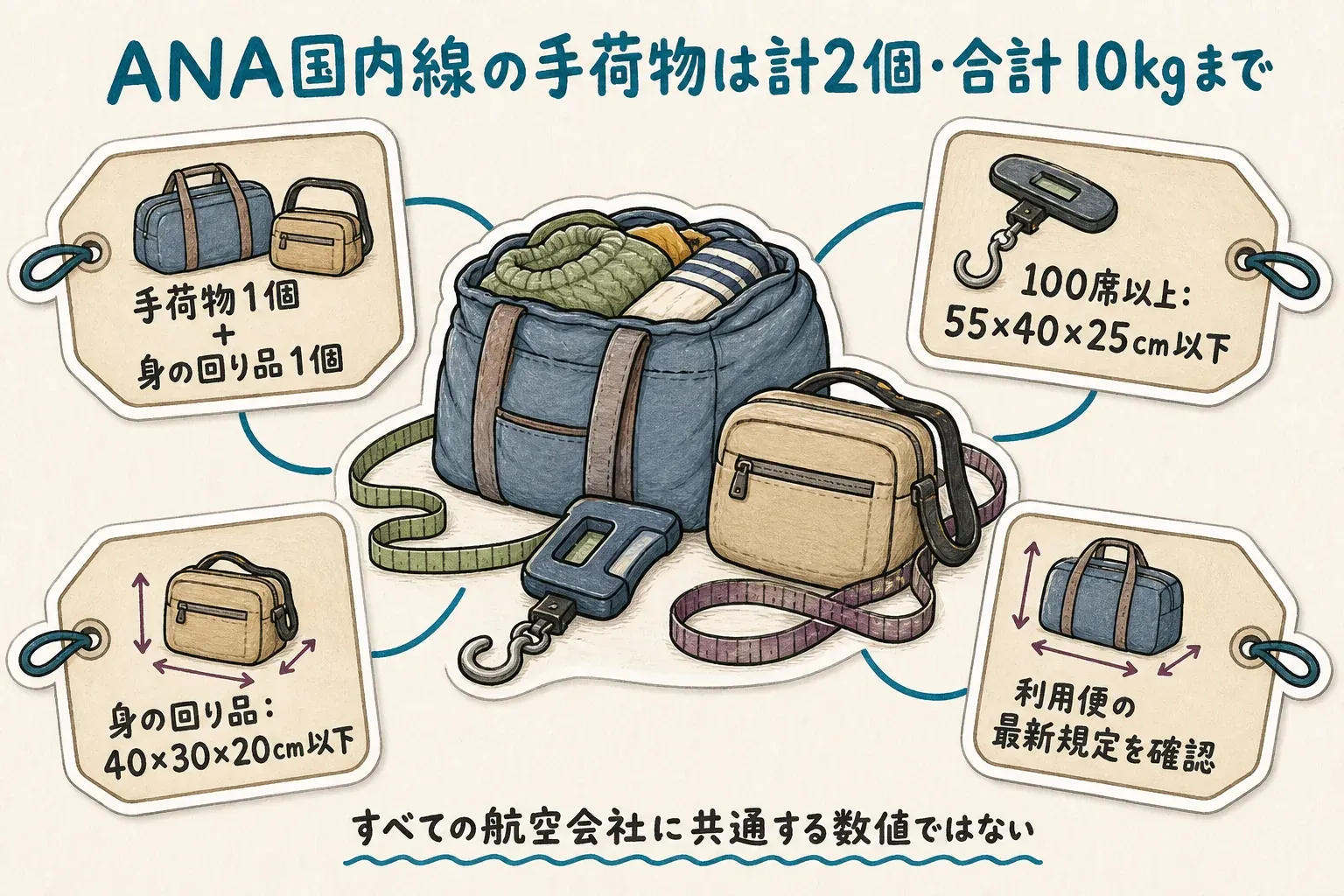 ANA国内線の機内持ち込み手荷物は、手荷物1個と身の回り品1個の計2個、合計10kgまでで、100席以上の機材では手荷物が55×40×25cm以下、身の回り品が40×30×20cm以下であることを示す図。出典：ANA「機内持ち込み手荷物（国内線）」