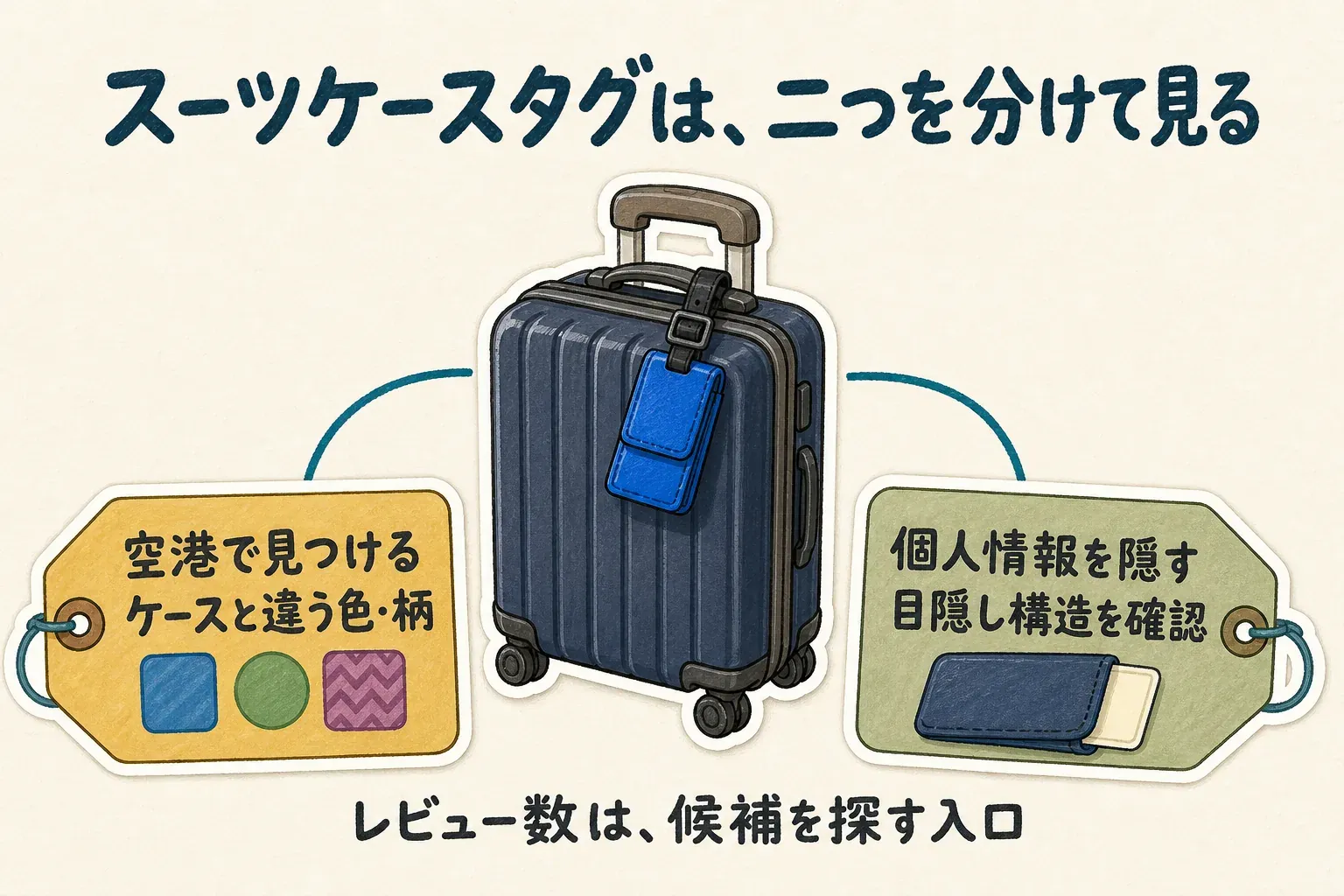 スーツケースに青いラゲッジタグを付け、タグを選ぶ際は「空港で見つけるためにケースと違う色・柄を選ぶ」ことと「個人情報を隠す目隠し構造を確認する」ことの二つを分けて見る図。レビュー数は候補を探す入口と示している。