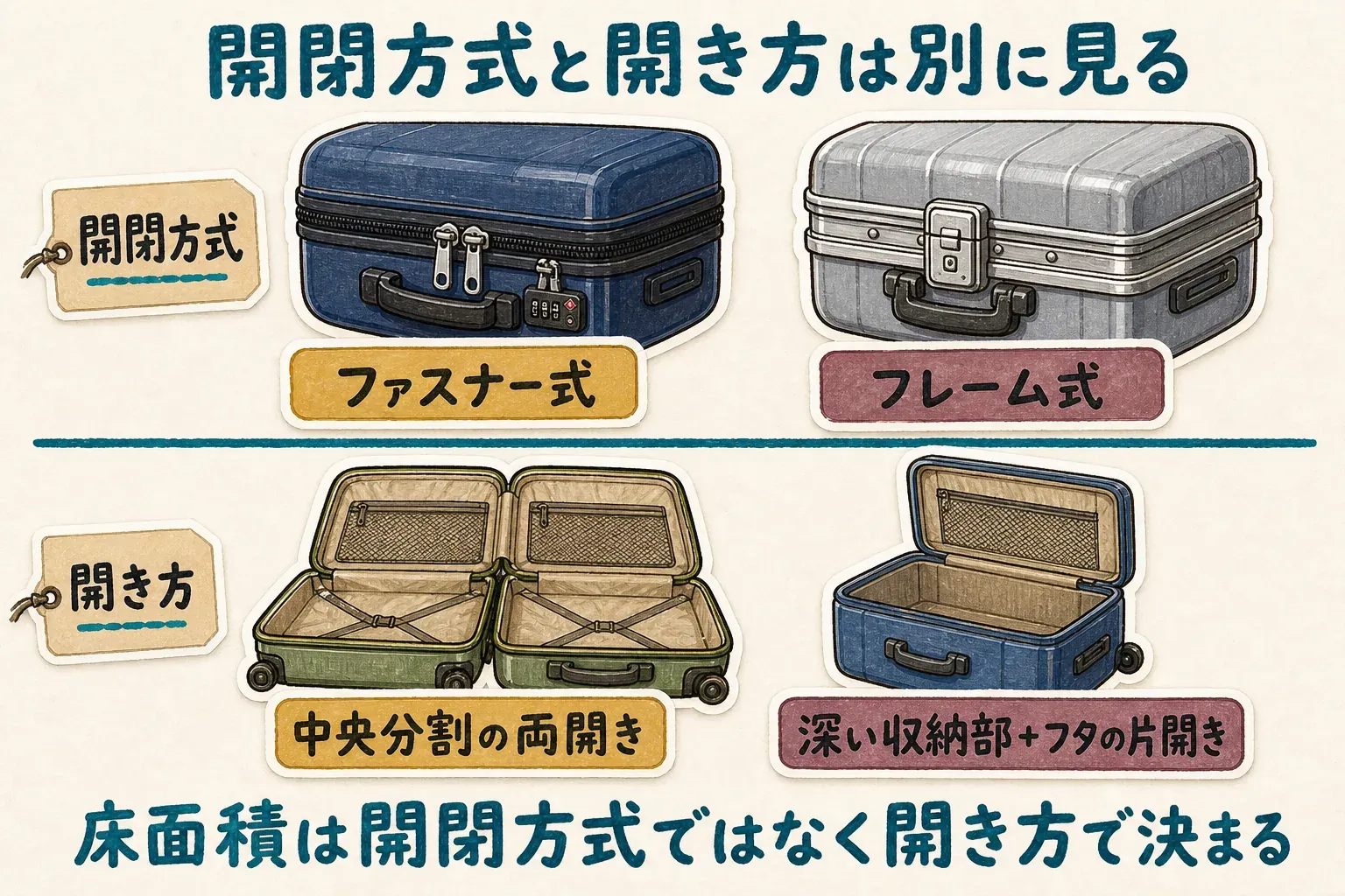 ファスナー式とフレーム式という開閉方式、中央分割の両開きと深い収納部とフタの片開きという開き方を分け、床面積は開閉方式ではなく開き方で決まることを示す図