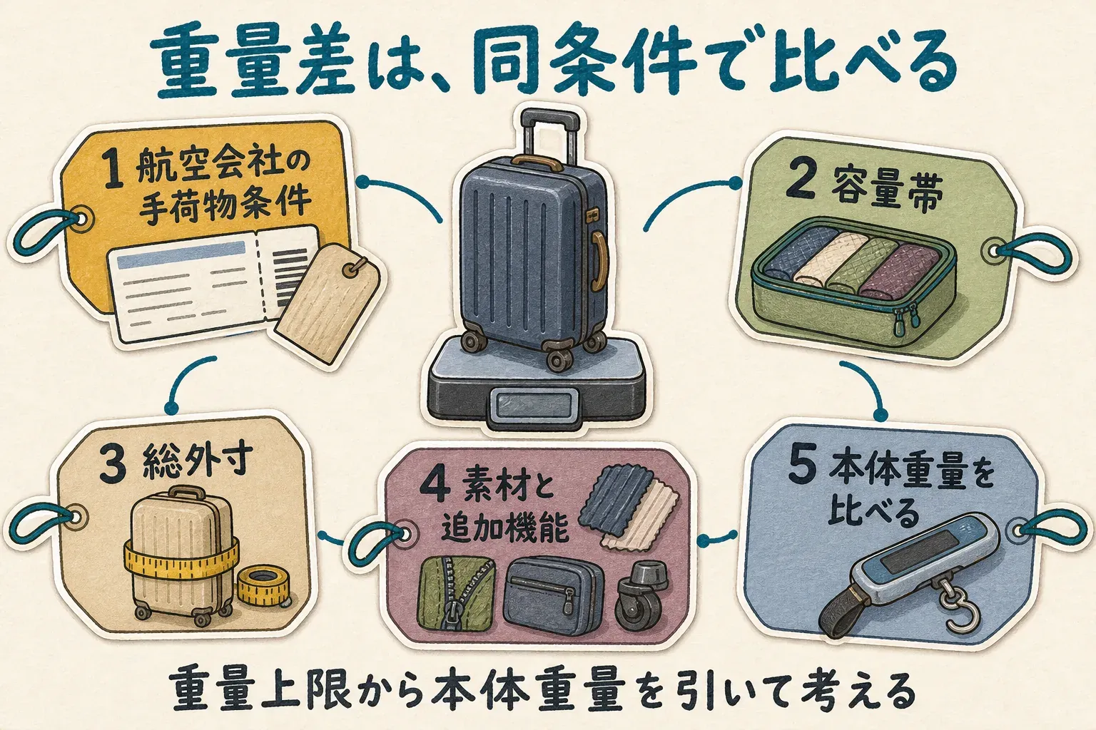 スーツケースの重量差を同条件で比べるため、航空会社の手荷物条件、容量帯、総外寸、素材と追加機能をそろえたうえで本体重量を比較し、重量上限から本体重量を引いて考える5項目の図