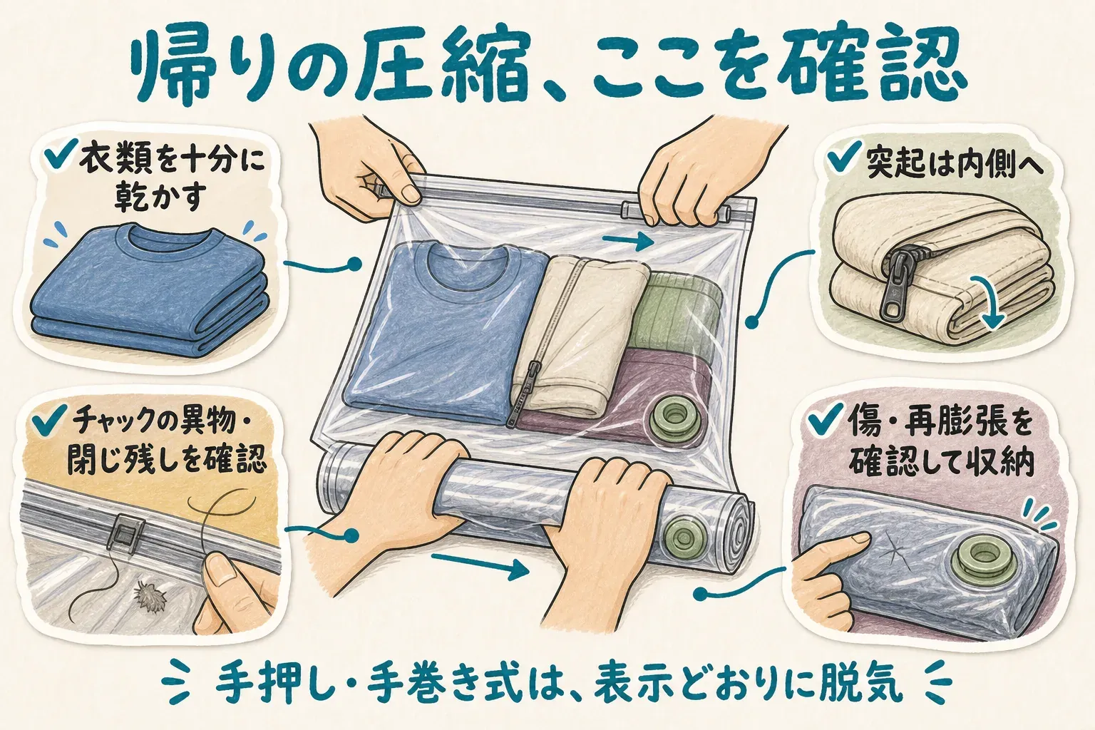 帰りの圧縮で確認する点を示す図。衣類を十分に乾かす、ファスナーなどの突起は衣類の内側へ収める、チャックの異物や閉じ残しを確認する、袋の傷と再膨張がないか確認して収納する手順を示しています。手押し・手巻き式は表示どおりに脱気します。