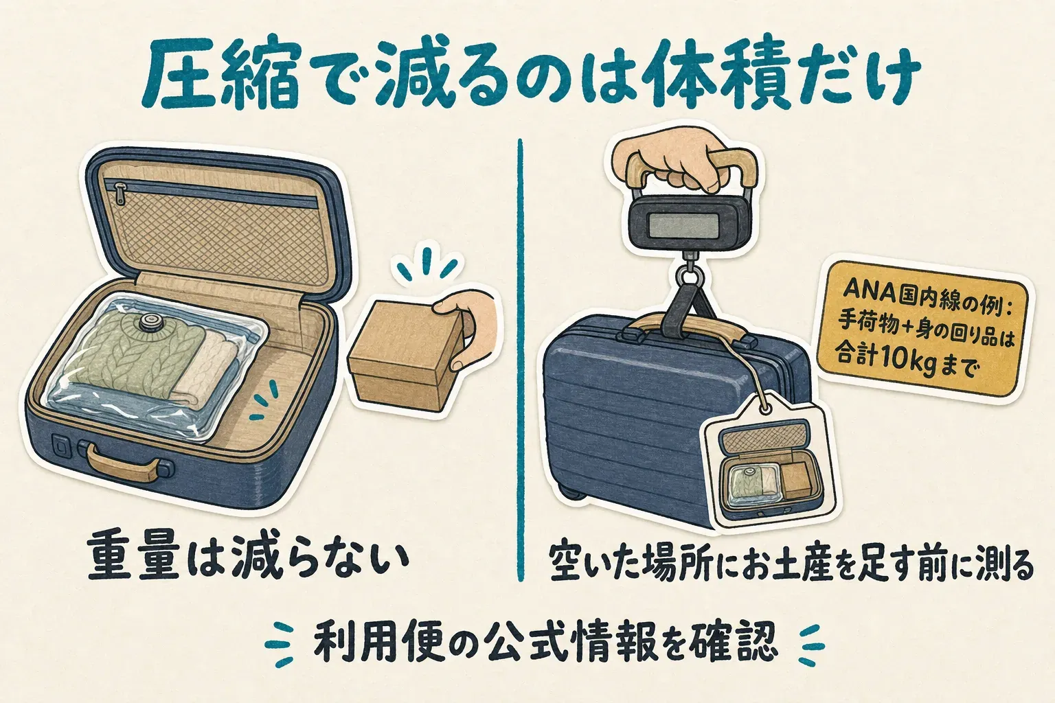 圧縮で減るのは体積だけで重量は減らないことを示す図。圧縮袋で空いたスーツケースの場所にお土産を足す前に荷物を測り、ANA国内線の例では手荷物と身の回り品の合計が10kgまでであるため、利用便の公式情報を確認するよう案内しています。