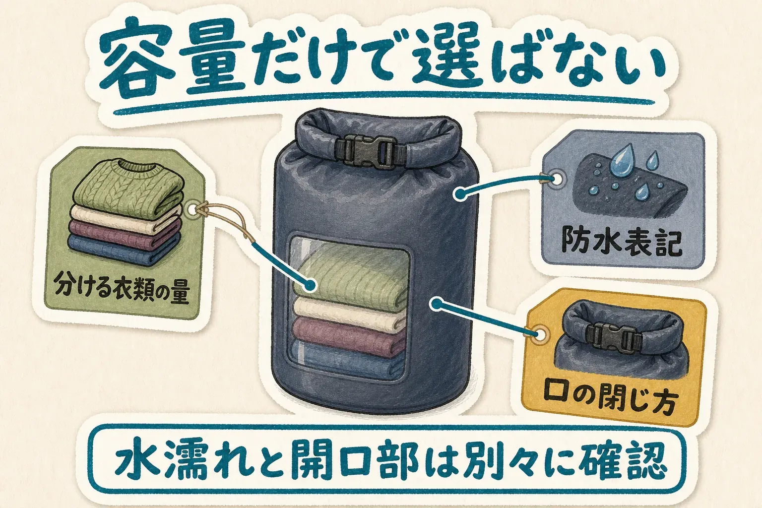 旅行用ランドリーバッグを容量だけで選ばず、分ける衣類の量、防水表記、口の閉じ方の三点を別々に確認することを示す図。水濡れへの備えと開口部は別に確認する。