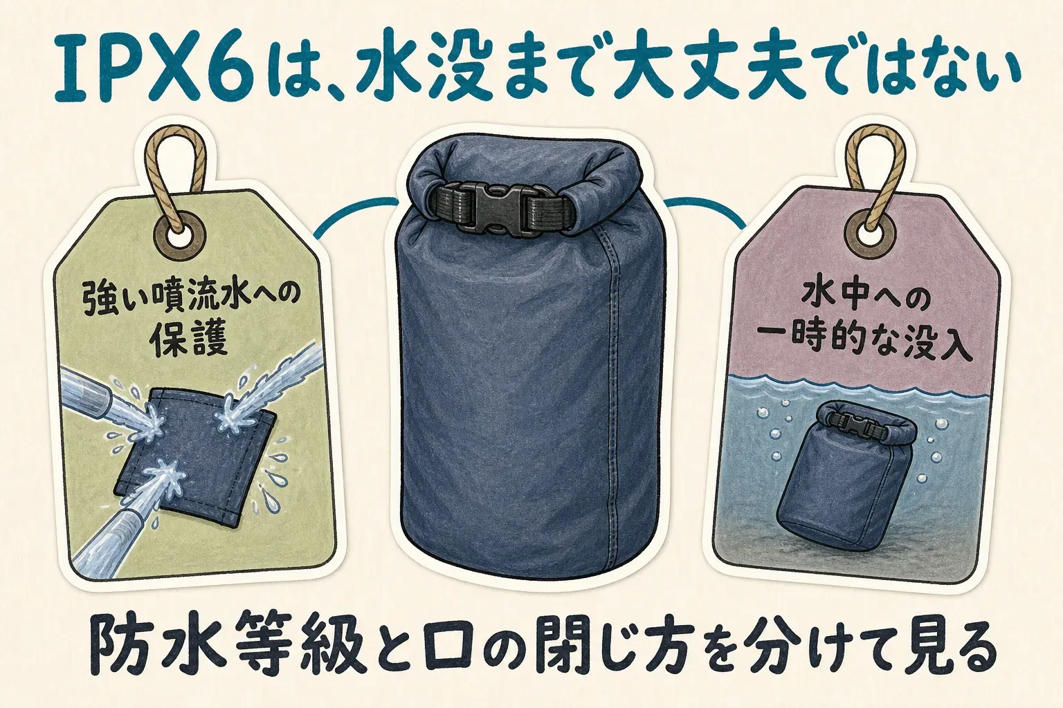 IPX6は強い噴流水への保護を示し、IPX7は水中への一時的な没入に関する等級であるため、IPX6を水没まで大丈夫とは読まないことを示す図。出典：消防庁「IP規格・防水保護構造及び保護等級」。