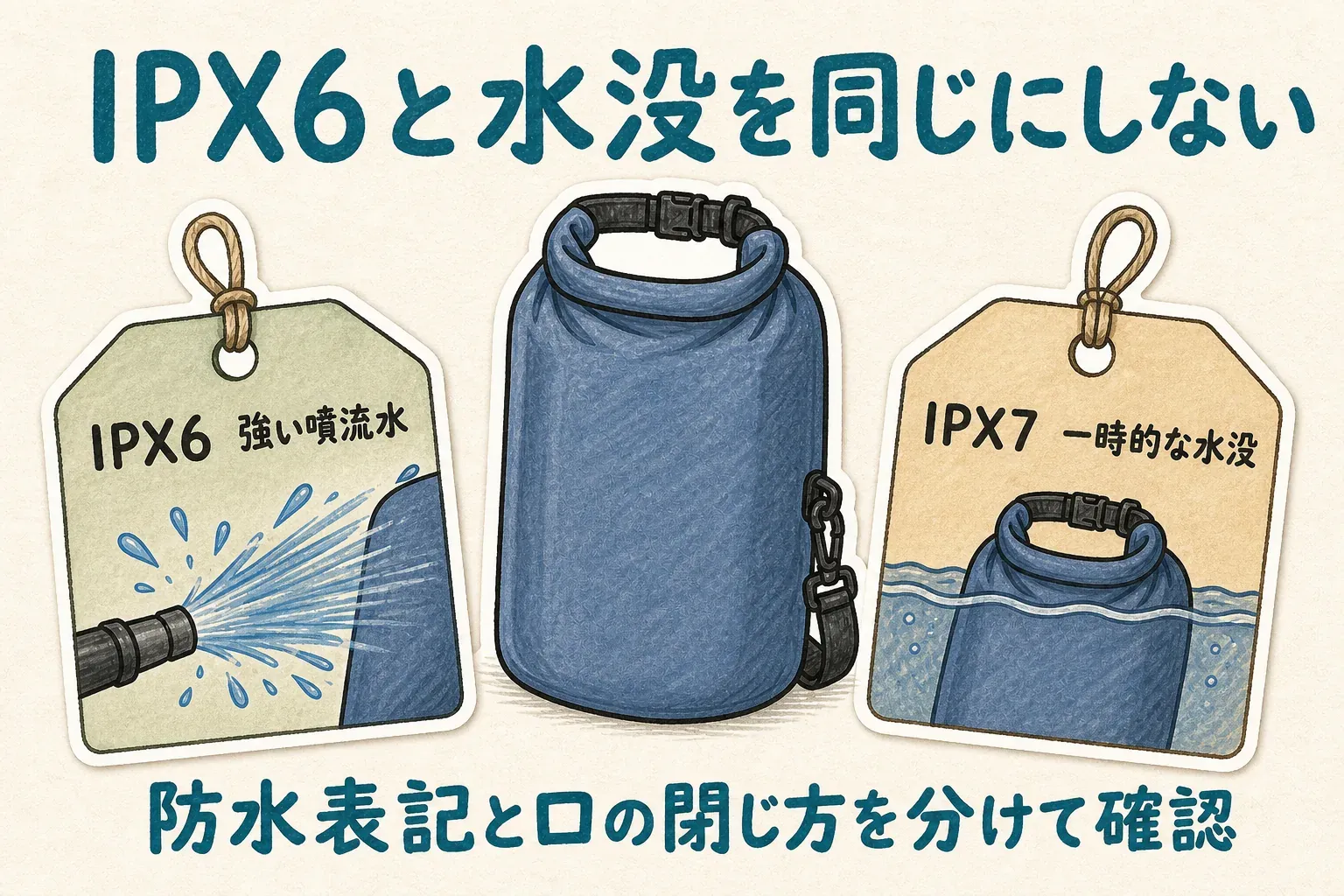 防水スタッフバッグでは、防水等級としてのIPX6と口の閉じ方を分けて確認することを、強い噴流水、水中への一時的な没入、ロールトップのバッグで示す図。IPX6と水没を同じ意味にしない。
