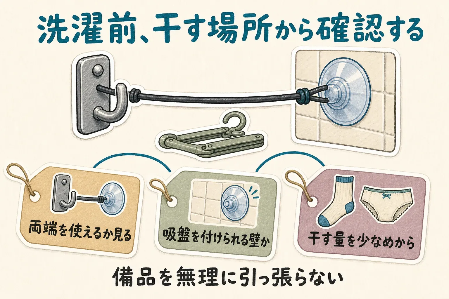 旅行用洗濯ロープを使う前に、フックや吸盤で両端を固定できるか、吸盤を付けられる壁面か、靴下や下着など少量から干せるかを確認し、ホテルの備品を無理に引っ張らないことを示す図。