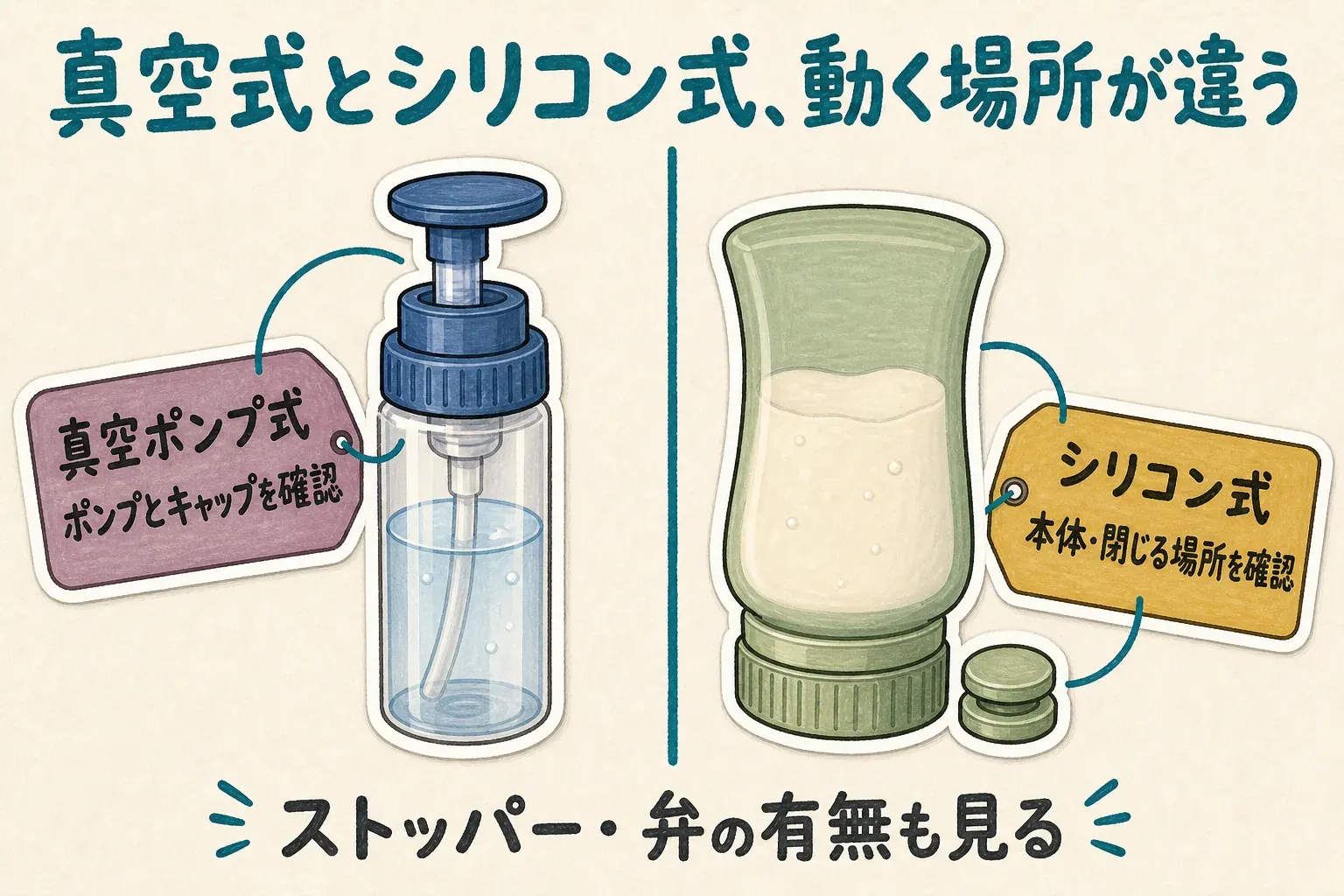 旅行用詰め替えボトルの確認点を比較した図。真空ポンプ式はポンプで中身を出し、ポンプ周りとキャップ、ポーチ内で上部が押されないことを確認する。シリコン式は柔らかい本体を押して中身を出し、キャップ・弁・ストッパーと、本体を押しても出ない状態を確認することを示す図