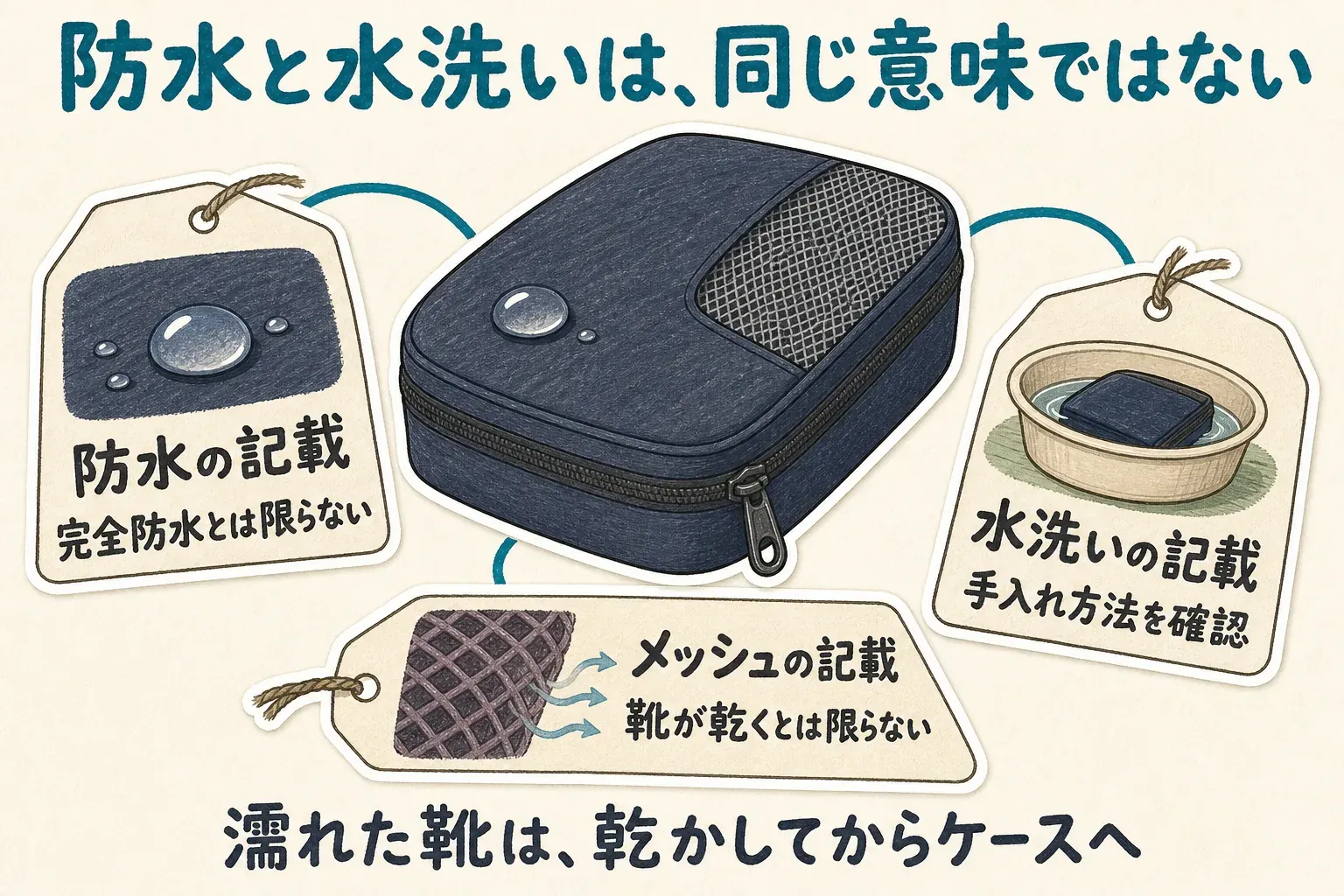 旅行用シューズケースの防水・撥水・水洗い可能は別の確認項目であり、防水表記は完全防水を意味せず、手入れ方法と濡れた靴を乾かしてから収納する必要があることを示す図