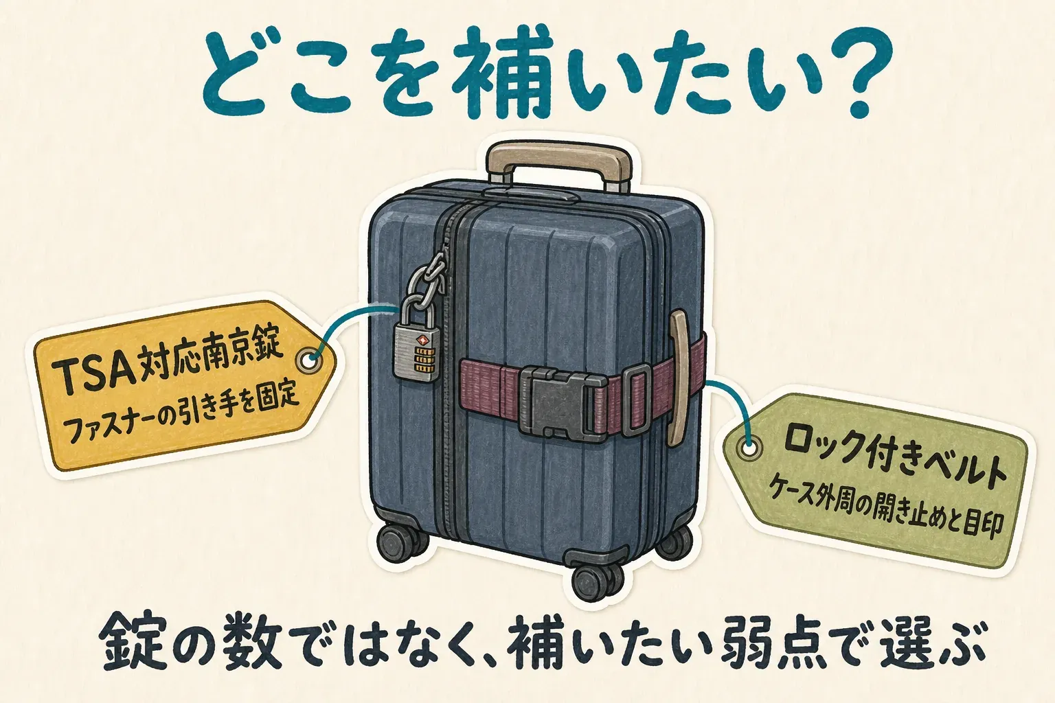 TSA対応南京錠はスーツケースのファスナー引き手を固定し、ロック付きベルトはケース外周の開き止めと目印になることを示す図。錠の数ではなく、補いたい弱点で選ぶ