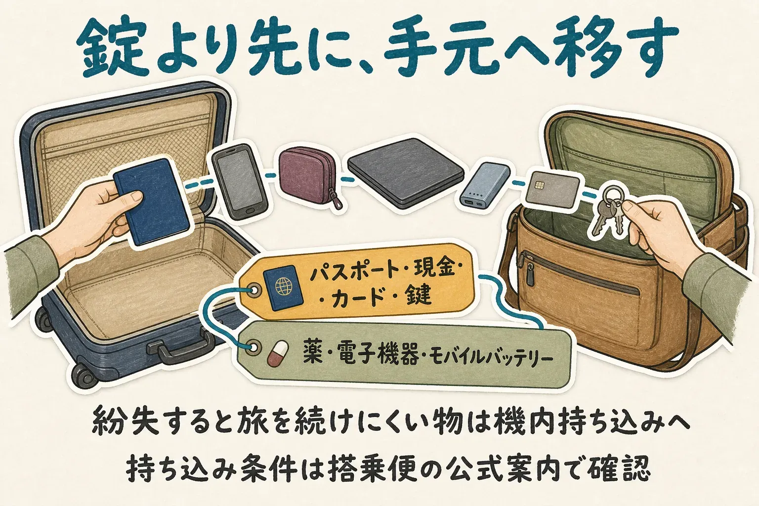 開いたスーツケースから手荷物へ、パスポート・現金・カード・鍵、薬・電子機器・モバイルバッテリーを移す図。紛失すると旅を続けにくい物は機内持ち込みにし、持ち込み条件は搭乗便の公式案内で確認する