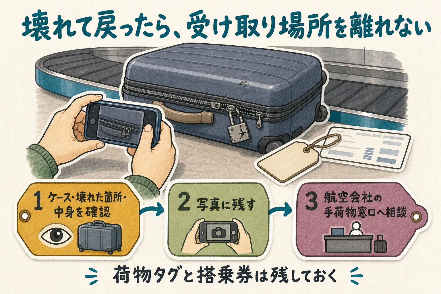 手荷物受取所で破損したスーツケースを確認し、壊れた箇所と中身を写真に残して航空会社の手荷物窓口へ相談する手順を示す図。荷物タグと搭乗券は残しておく